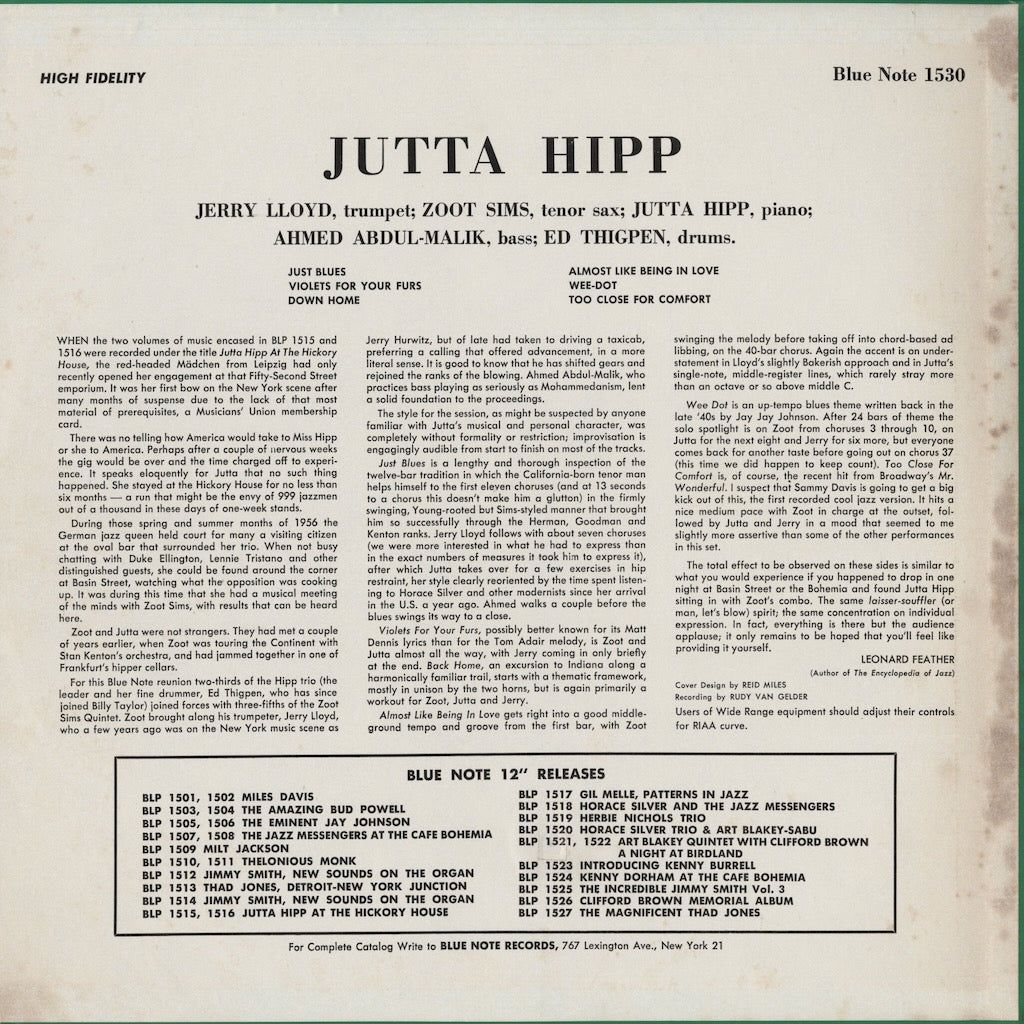 Jutta Hipp With Zoot Sims (BN 1530) 】56年録音。ドイツ出身の女性