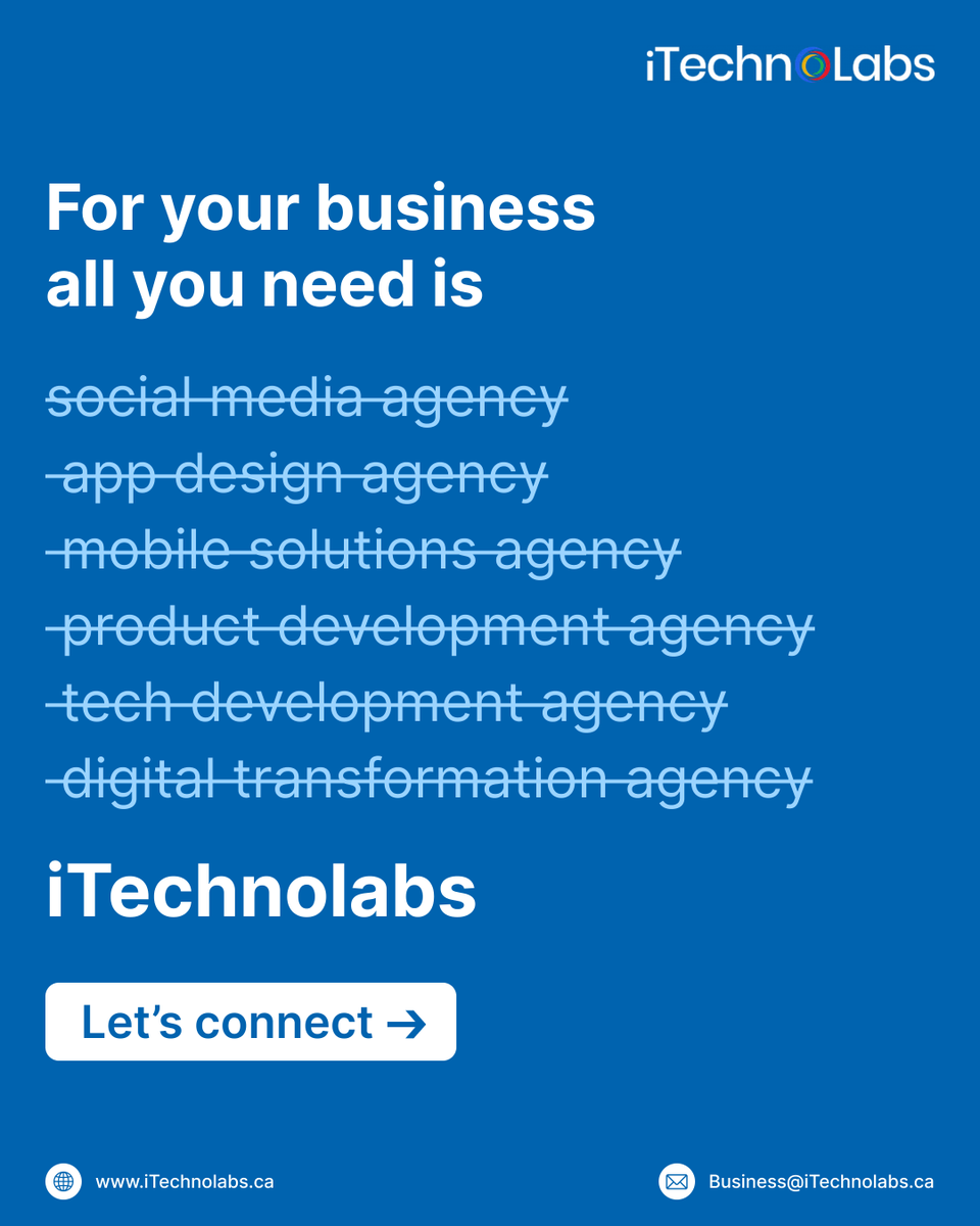 itechnolabsca's tweet image. Your business shouldn’t need five agencies to grow.

At iTechnolabs, you get everything under one roof - social, design, mobile, product, tech, and digital transformation. 

Smarter solutions, seamless delivery, faster growth.

#itechnolabs #appdevelopment #webdevelopment