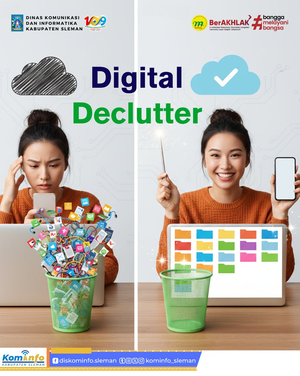 kominfo_sleman's tweet image. Pernah merasa overwhelmed dengan tumpukan file, notifikasi, storage berantakan, dan email tak berujung? 🤯

Beban pikiran seringkali datang dari kekacauan digital yang tak terlihat!

Yuk, luangkan sedikit waktu untuk #DigitalDeclutter hari ini! ✨