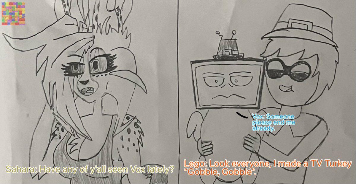 LegoRobert86421's tweet photo. “Don’t worry Sah I found another good use for your “New tablet” buddy”. Ft. @Desert_Deercat
#HappyThanksgiving #hellaverse #Vox #OCs #Deercat #Hero #fanmade #drawing https://t.co/5eU2BcOyvJ