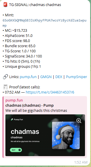Pumpsniper_sol's tweet photo. Signal from #PumpSniper TG bot
$chadmas, chadmas
ca:6SoGKKbQMNqG8JZoXhpyFPUA7wcoYz8ycKdZua1wpump

It was called at 15K mc and it is 30K mc for now. Easy x2 https://t.co/f7PSlzmuLY