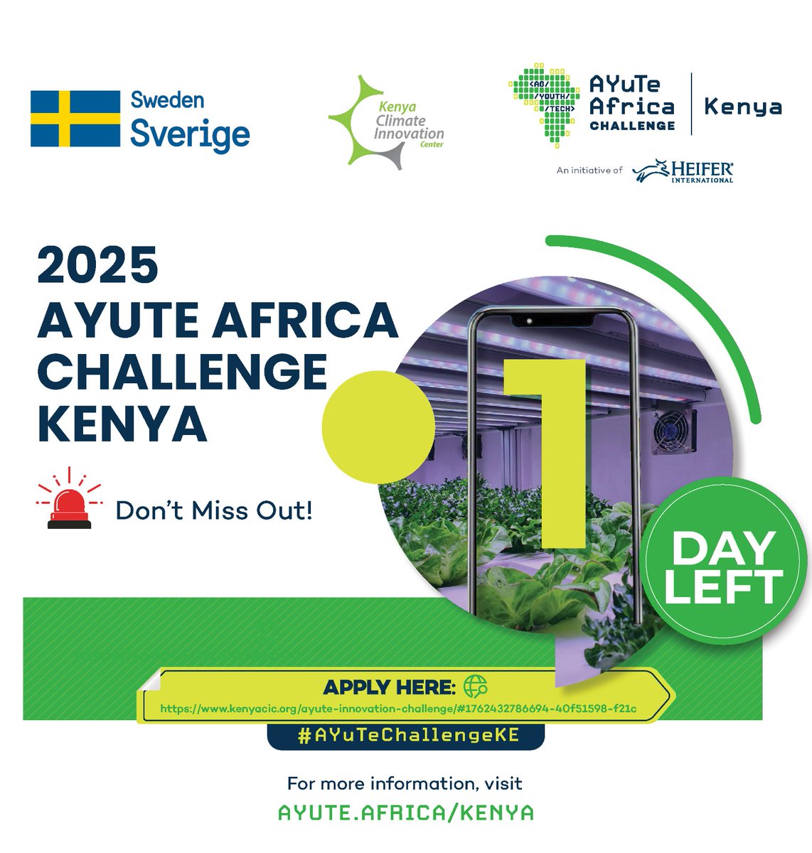 Today is the FINAL day to apply for the 2025 AYuTe Africa Challenge Kenya!

Are you an innovator developing solutions to boost the agri-value chain and transform the lives of smallholder farmers? This is your chance to access funding, mentorship, technical support, and investor