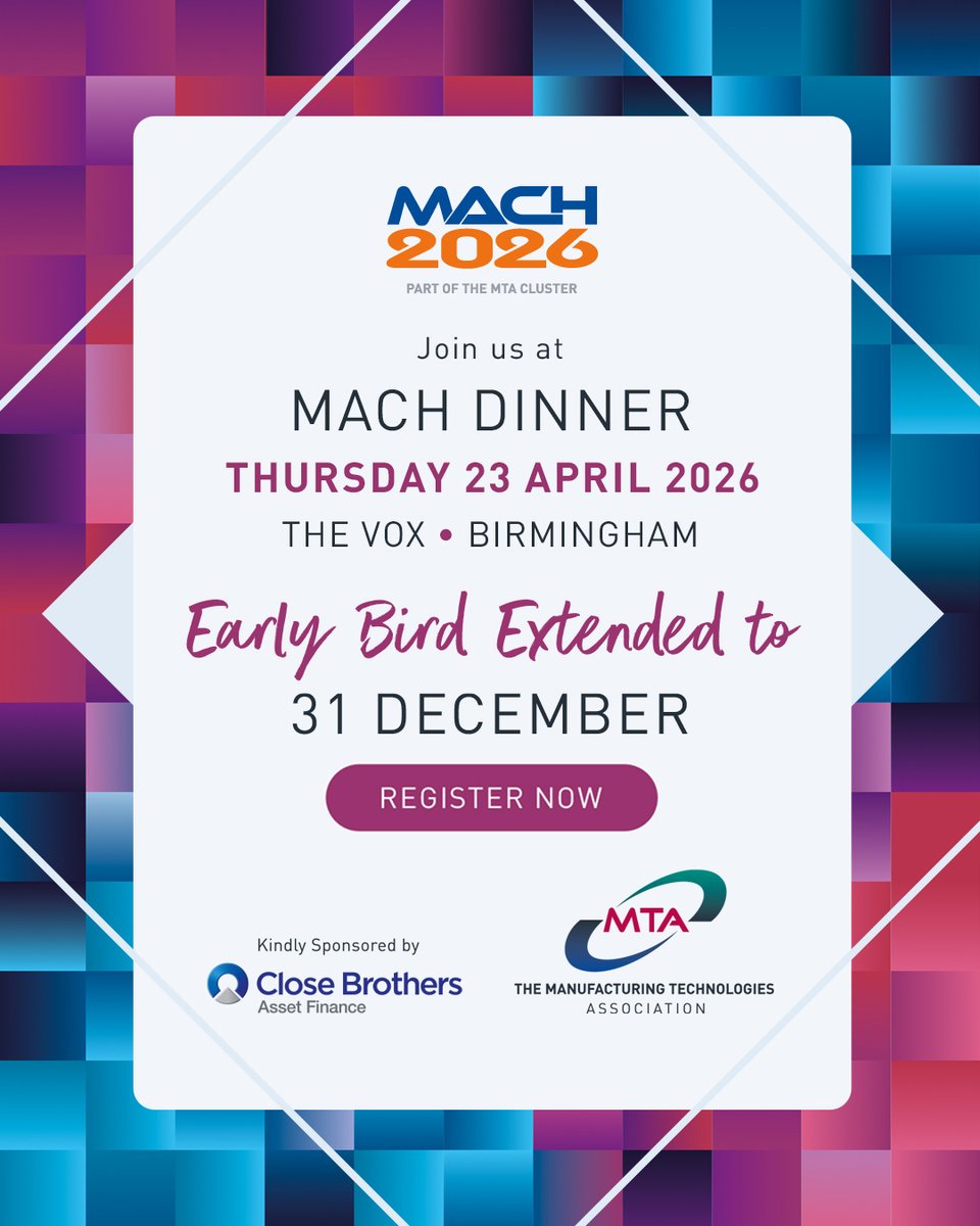 📣Early Bird Offer Extended!

The MTA is excited to announce we have extended the Early Bird rate for the MACH Dinner until the end of the year!

Don't forget MTA Cluster Members &amp; MACH Exhibitors get a further discount!

🔗mta.org.uk/event/mta-annu… 

#MTACluster #machexhibition