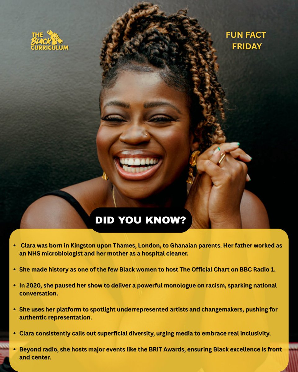 CurriculumBlack's tweet image. Spotlight on Clara Amfo! ✨ A fearless broadcaster reshaping UK media, Clara challenges tokenism and champions authentic representation. 🎙️ 
#ClaraAmfo #RepresentationMatters #BlackExcellence #TheBlackCurriculum #TBC365