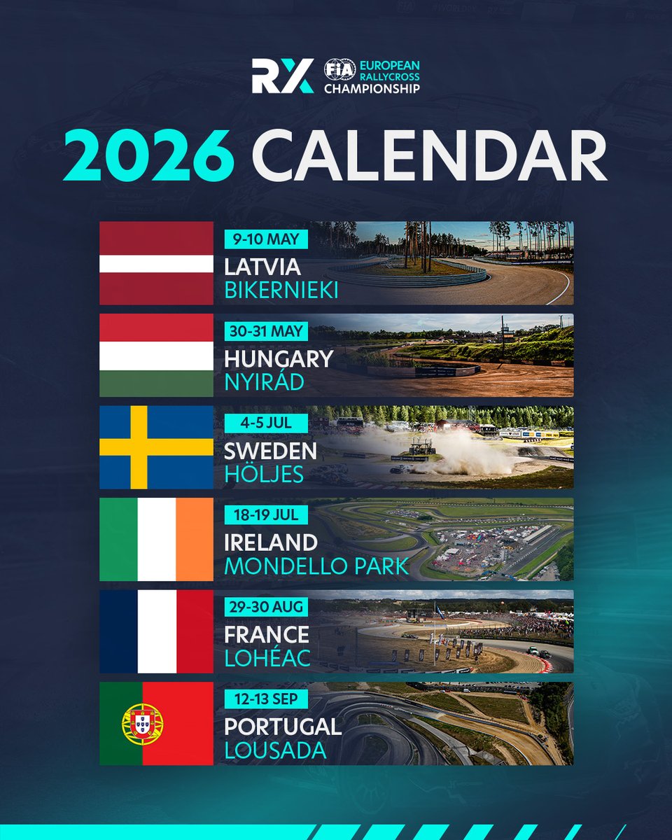 FIAWorldRX's tweet image. Introducing your 2026 Euro RX calendar! 🌍

Get set for a spectacular season at some of the most iconic circuits in the sport.

#EuroRX