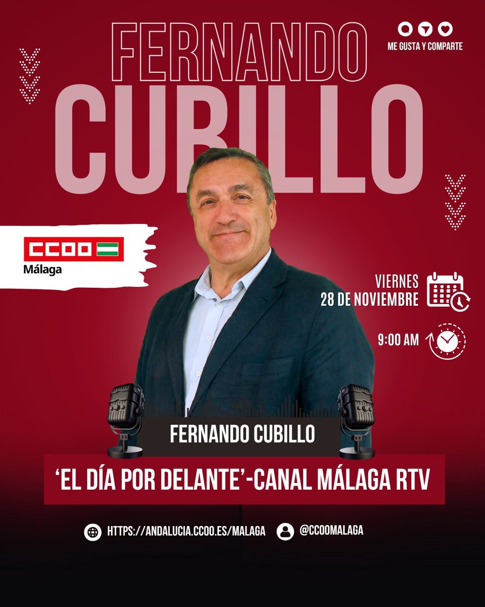 #CCOOMÁLAGAPROPONE

📻Como cada viernes 🎙 Fernando Cubillo (<a href="/cubillofm/">Fernando M. Cubillo</a>), Secretario General de #CCOOMálaga, está en directo en el programa de radio #ElDíaporDelante, de @canalmalagartv

No te lo pierdas‼

👉 Escúchalo aquí:
canalmalaga.es/radio-directo