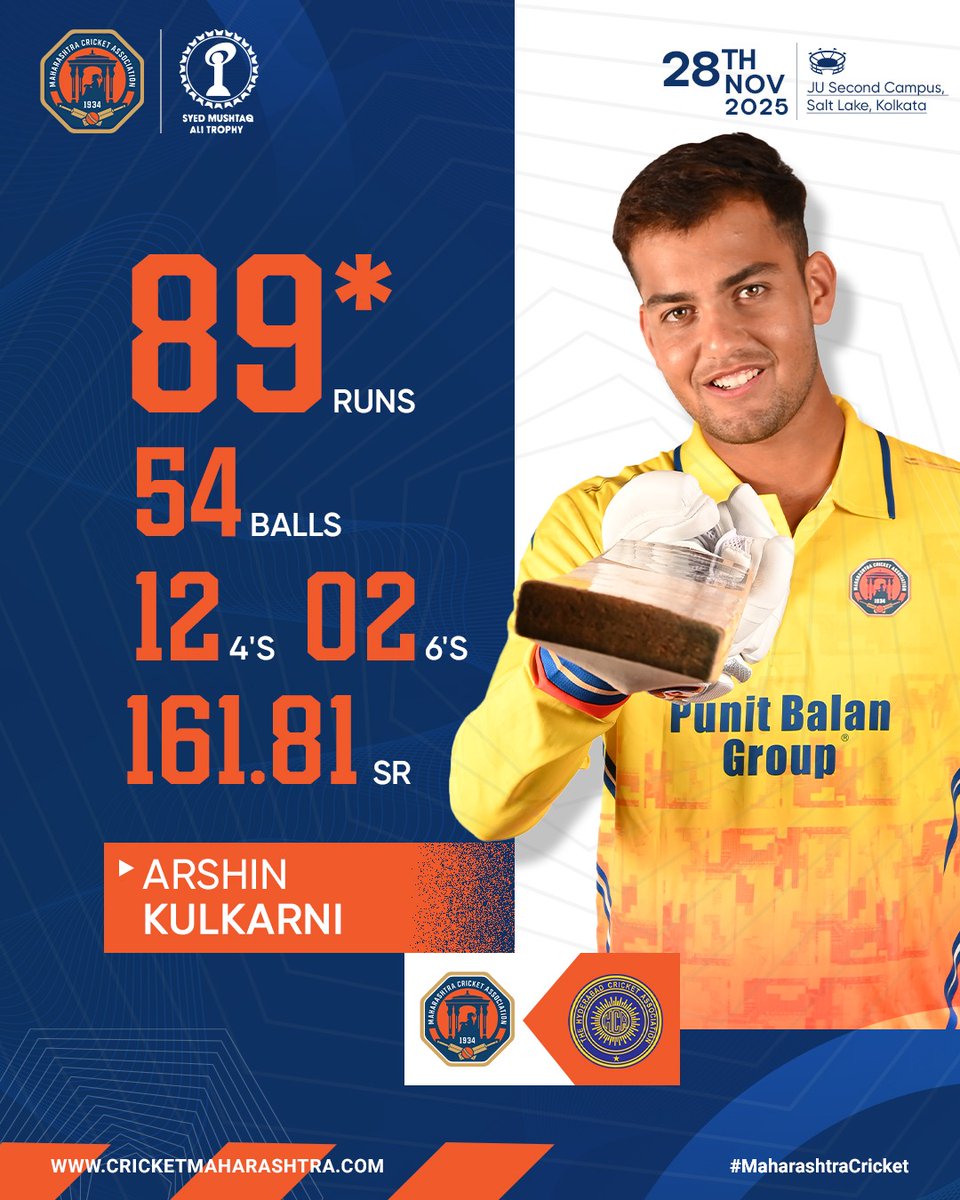 MahaCricket's tweet image. Arshin Kulkarni stands tall! 🌟

A match-winning knock of 89*off 54 — classy, composed, and dominant in the chase against Hyderabad  in the Syed Mushtaq Ali Trophy 2025-26.

#mca #mcacricket #teammaharashtra #teammaha #cricketmaharashtra