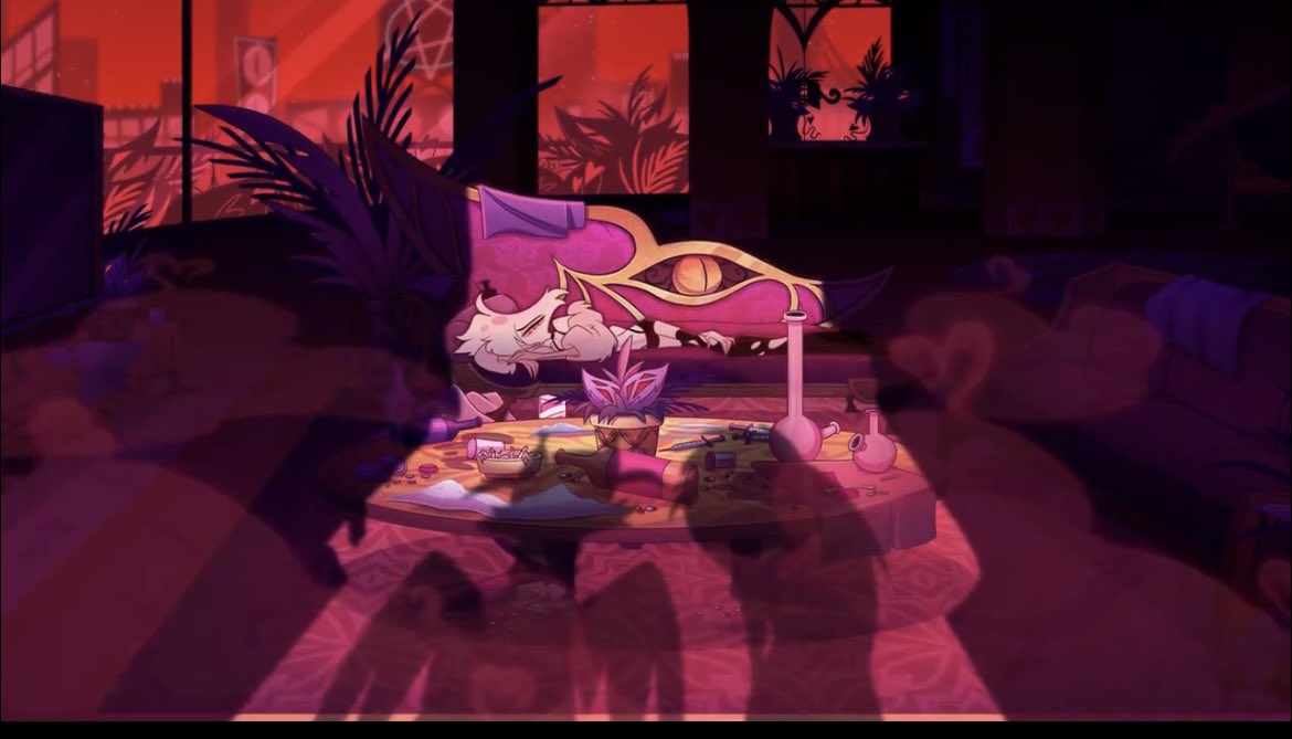 niniwithaknife's tweet image. I think about this parallel often. The Vees consistently treat Angel as a toy, and their shadows literally eclipse him, showing control and possession. But in S2E8, when Cherri &amp;amp; Husk find him, their shadows leave negative space, signalling respect, emotional distance, or care