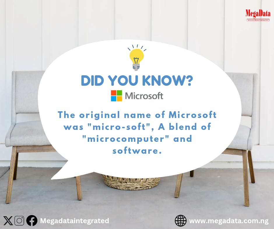 DigitalMegadata's tweet image. The original name of Microsoft was actually &quot;Micro-Soft&quot;, a combination of the words &quot;microcomputer&quot; and &quot;software&quot;. The name was coined by Bill Gates and Paul Allen in 1975.

#DidYouKnow
#Megadata
#FunFactsFriday
#ITSolutionThatWork