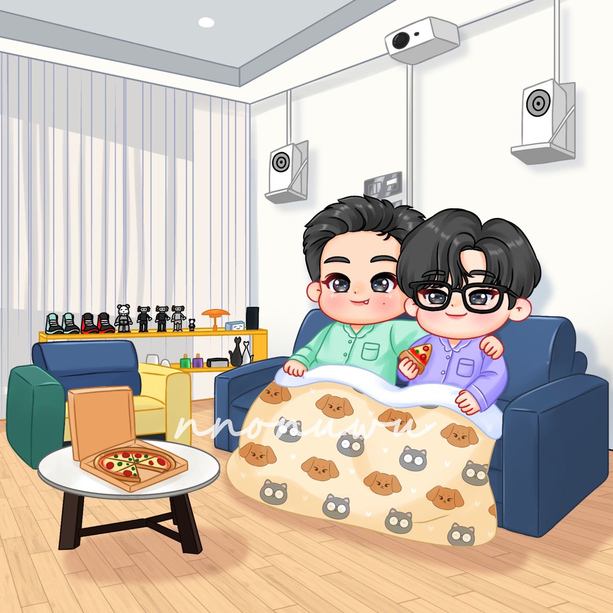 nnonuwu's tweet image. minwon late night movie &amp;amp; snacks 🐶🐱🍕🍿🥤