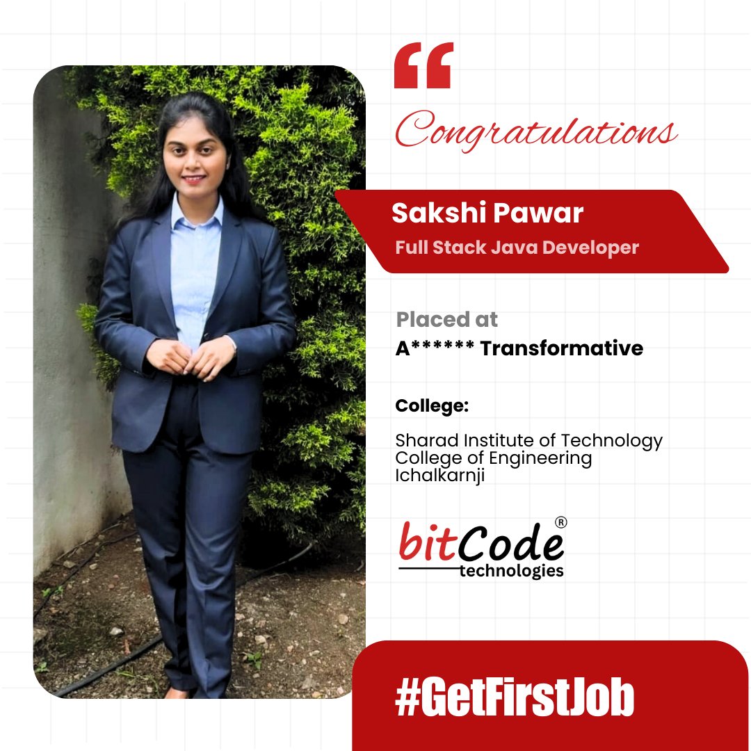 BitcodeTech's tweet image. Congratulations Sakshi Pawar,
On your successful placement as a #FullStackDeveloper

#GetFirstJob #BitcodePune #BitCode #FullStackDevelopment #FresherJobs #Technology #Placement #java #javafullstack #javafullstackplacement #fresherjobs #punejobs #javajobs  #freshers