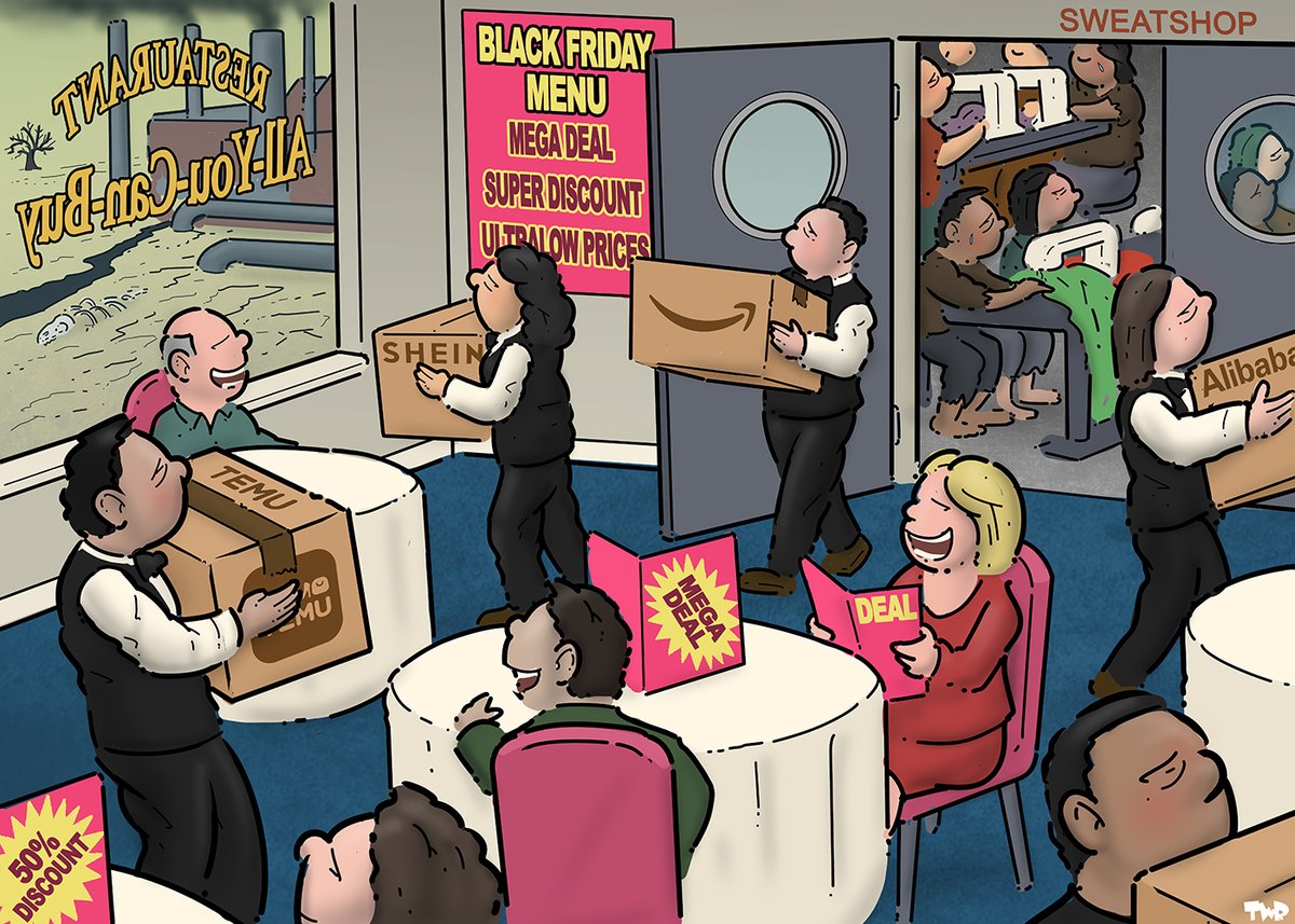 Royaards's tweet image. Black Friday. Cartoon for Trouw.

#BlackFriday #consumerism #exploitation #sweatshops