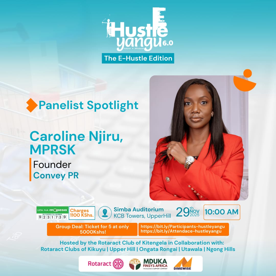To help you transform your message into influence, is our next panelist Caroline Njiru, MPRSK.

Caroline is a communications strategist, visibility architect, and Founder of Convey PR.
Reserve your seat 
👉🏽bit.ly/Attendace-hust… 
*To pitch your hustle* 👉🏽 bit.ly/Participants-h…