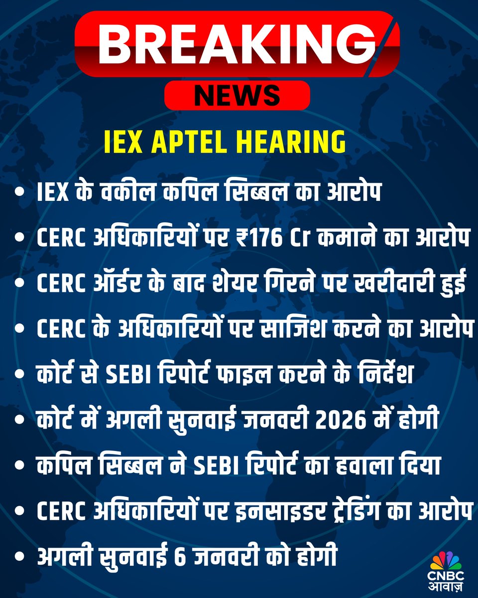 CNBC_Awaaz's tweet photo. #AwaazBreakingNews
IEX के वकील कपिल सिब्बल का आरोप
CERC अधिकारियों पर ₹176 Cr कमाने का आरोप
CERC ऑर्डर के बाद शेयर गिरने पर खरीदारी हुई
कपिल सिब्बल ने SEBI रिपोर्ट का हवाला दिया
#iex #aptel #cerc #sebireport #insidertrading #stocknews https://t.co/FTBv34PSxi
