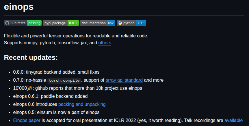 pythonym's tweet image. 🔥 einops

- It allows flexible and powerful tensor operations for readable and reliable code.
- Supports numpy, pytorch, tensorflow, jax, and others.

#tensor #performancetasks 

Repo Link - github.com/arogozhnikov/e…