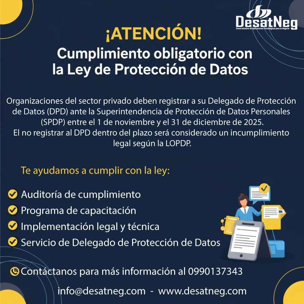 desatneg's tweet image. Proteger los datos no es un gasto, es una inversión en confianza.

La implementación de la LOPDP y el registro de un Delegado de Protección de Datos (DPO) fortalecen la transparencia, la seguridad y la reputación de tu empresa.

Contáctanos podemos ayudarte