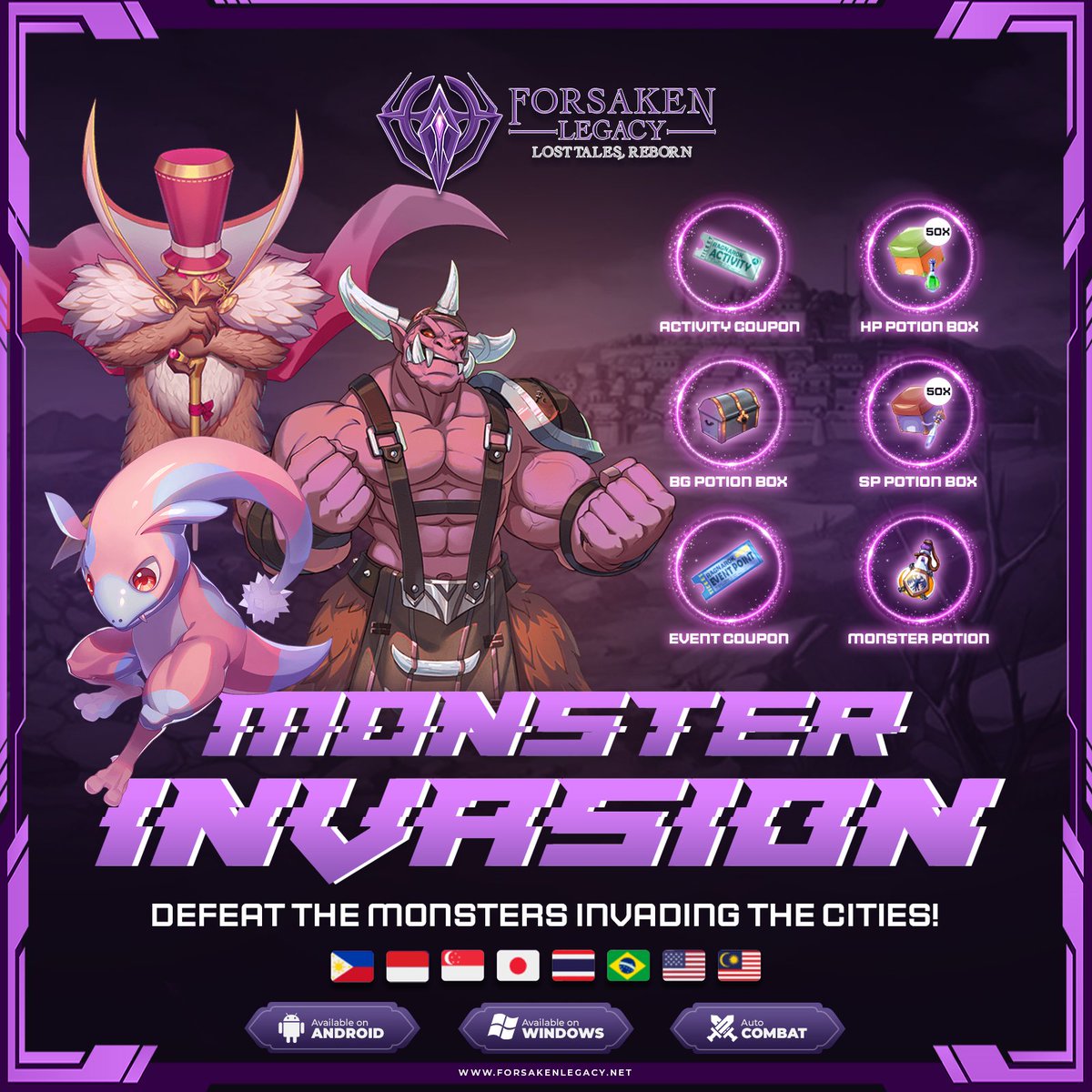 Forsaken_RO's tweet photo. 🌋 Monster Invasion Event – 8th Wave Incoming! 🌋

Get ready, Forsaken Legacy — the 8th Wave of Monster Invasion is crashing into Midgard!

Mark your calendars: Friday, 28 November 2025 – 9:00 PM (GMT+8)

🔥 What to Expect
- 7 total rounds of chaos, each more challenging than the last.
- Monsters will spawn randomly across towns, so stay alert. Nowhere is safe!
- A short breather of 1–2 minutes between each wave.

⚔️ Final Round Challenge
- Reach Round 7, and a 120-minute timer begins. Clear every last monster before time runs out!

💰 Rewards
- Normal mobs drop random supplies + coupons.
- MVPs drop their standard MVP loot only.

👥 Join the Hunt
- Warp freely, explore invaded towns, and help cleanse the land. Whether you’re farming, hunting, or just vibing.

Prepare yourselves. The invasion is coming. 🌑⚔️

Join us now 🔥
🔗Website: https://t.co/MxB0miQHLb
🗨️Discord: https://t.co/57gOp1Ib6a