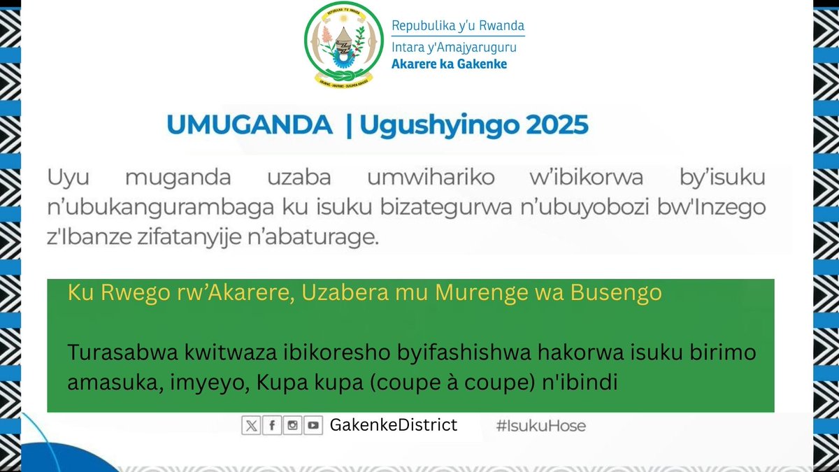 Ku wa gatandatu, Taliki ya 29/11/205 ni umuganda rusange usoza ukwezi k'Ugushyingo, uzakorerwa mu Midugudu iwacu. Tuzifatanya n'abashyitsi batandukanye barimo n'Abadepite. Turasabwa kwitabira twese kandi ku gihe, twitwaje ibikoresho by'isuku. 

#IsukuHose #UmugandaRusange