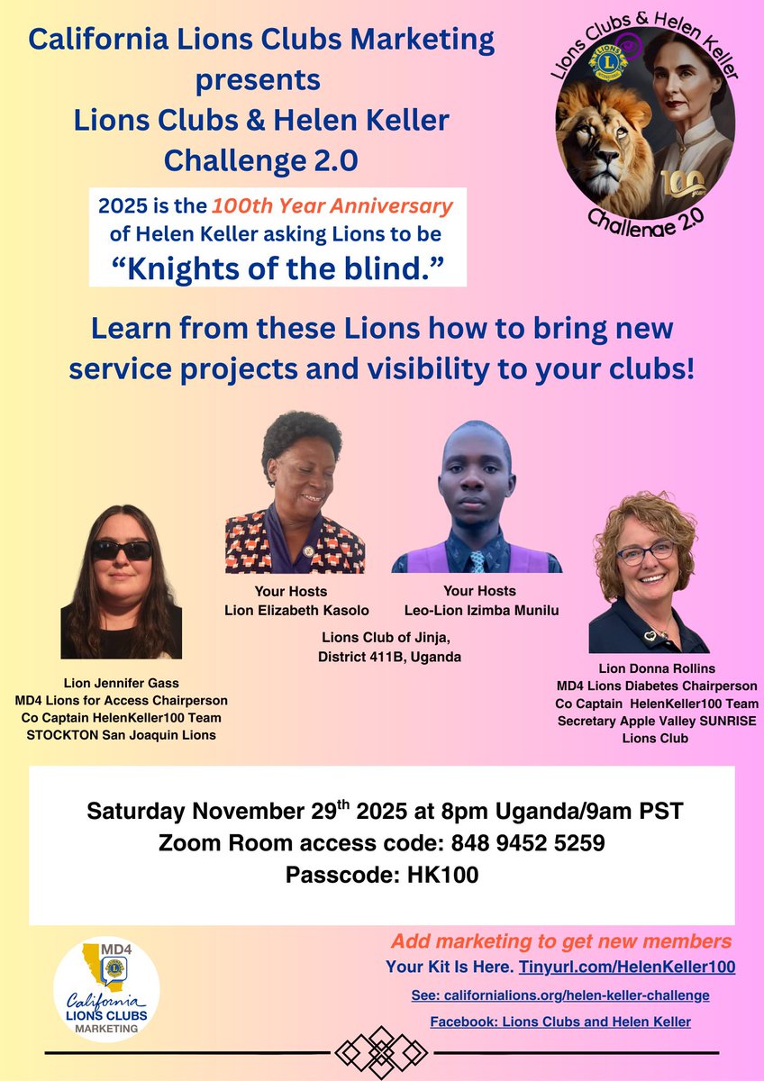 🦁 Knights of the Blind, take a vision Service Safari with us Saturday! Learn and share  inspiration and stories! #HelenKeller100

Saturday, November 29th, 2025, at 8pm Uganda/9am PST, 
Zoom Room access code: 848 9452 5259
Passcode: HK100.
Link: us02web.zoom.us/j/84894525259