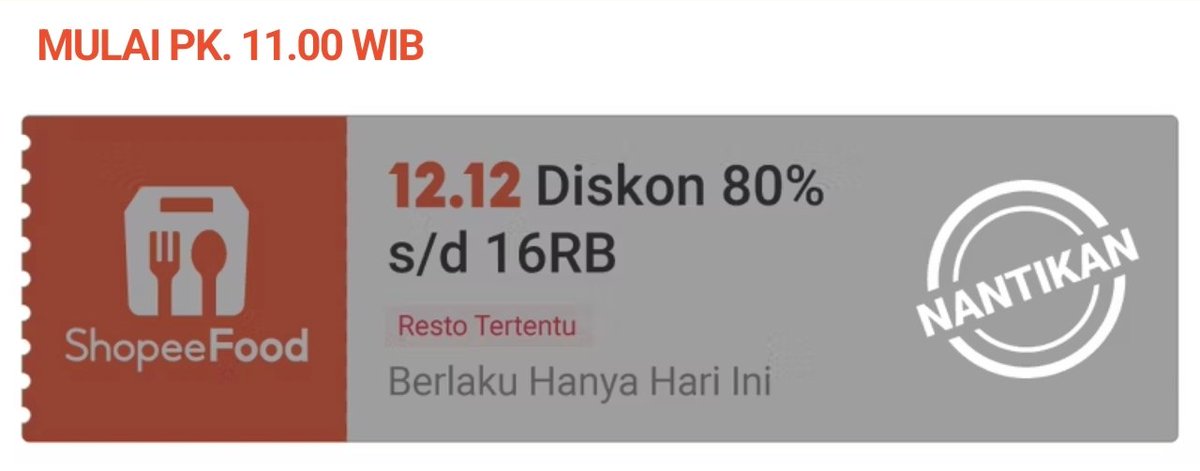 DISKON SHOPEEFOOD 80% 16RB ⏱️11:00

✅all payment
📍berlaku untuk resto 12.12

refresh &amp; claim di menu voucher:
spf.shopee.co.id/VzB3oTXZT