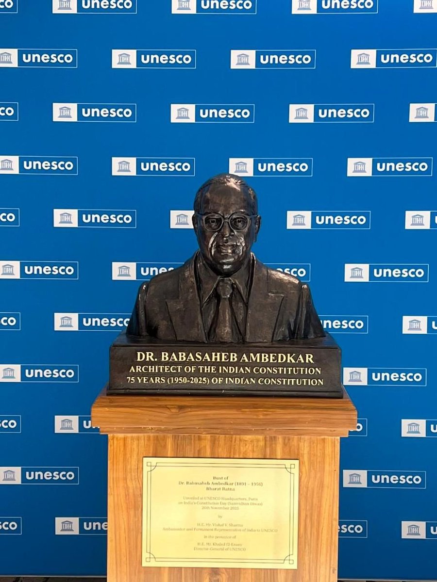 IamGKumarNaik's tweet image. It is a moment of immense pride that on this #ConstitutionDay, a bust of Dr. Babasaheb Ambedkar was unveiled at the UNESCO Headquarters in Paris. This is a truly fitting tribute to the principal architect of our Constitution. Dr. Ambedkar’s ideas, his courage, and his commitment