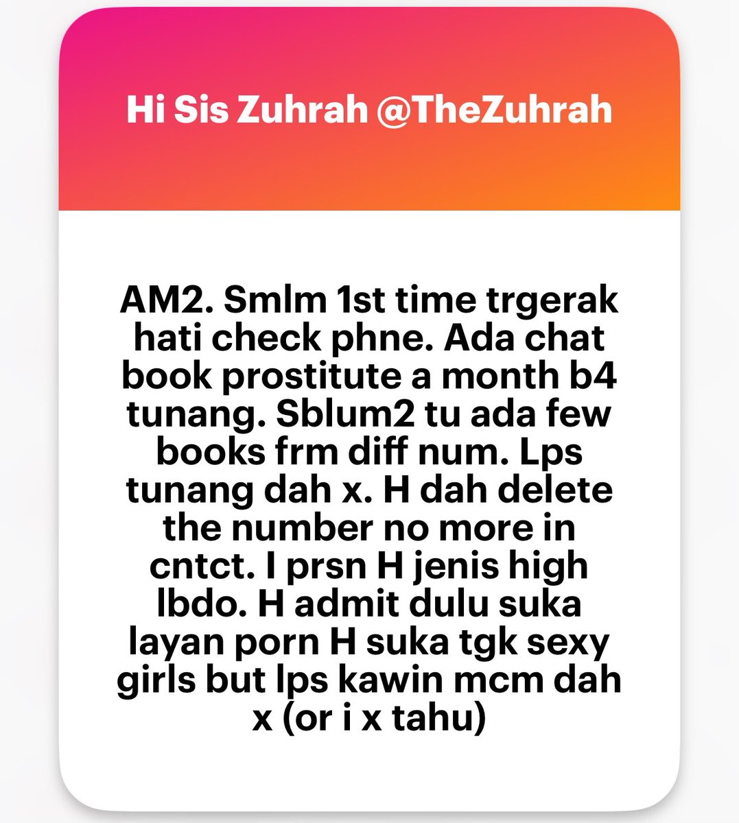 zuhrahx's tweet photo. AM1-5 . Arrange marriage. W terjumpa bukti H pernah langgan prostitute.
#traumacurang #How2R https://t.co/ISyqyFJnx4