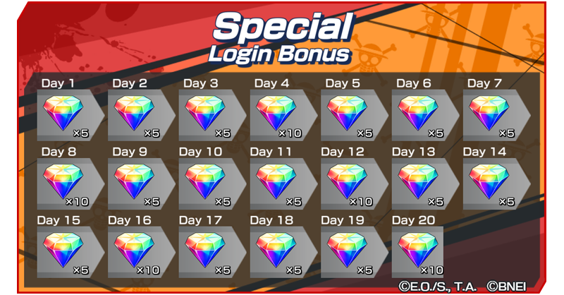 OPBR_global's tweet photo. [Special Login Bonus]

Get up to 125 Rainbow Diamonds in the special login bonus!
Don't forget to log in every day to claim them!

#BountyRush
#ONEPIECE https://t.co/WpvszUIowG