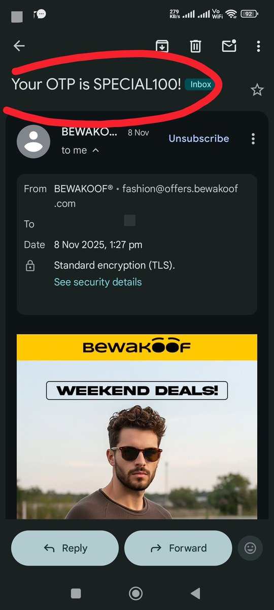 vukkumsp's tweet image. @bewakoof Please don&apos;t use this kind of Dark Patterns in your email subject. Using sentences like &quot;Your OTP ...&quot; Is same as what pharmas using ORS on non ORS tetrapaks. 
Always makes the users frightened as why they are getting an OTP without their consent #deceptive #darkpattern