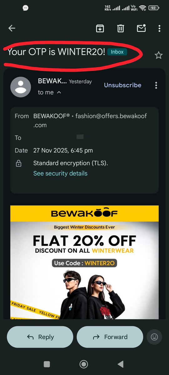 vukkumsp's tweet image. @bewakoof Please don&apos;t use this kind of Dark Patterns in your email subject. Using sentences like &quot;Your OTP ...&quot; Is same as what pharmas using ORS on non ORS tetrapaks. 
Always makes the users frightened as why they are getting an OTP without their consent #deceptive #darkpattern