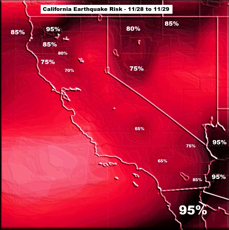 Quakeprediction's tweet image. California Earthquake Risk - 11/28 to 11/29