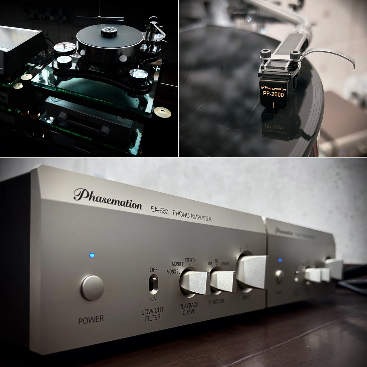 dcsgmyg's tweet image. 今日は昼から有休が取れた。
で、とりあえずアナログシステムをまとめてみた。

●ターンテーブル
…TRANSROTOR ZET-3 TMD
●トーンアーム
…GLANZ MH-9Bt
●カートリッジ
…Phasemation PP-2000
●フォノイコ
…Phasemation EA-550…