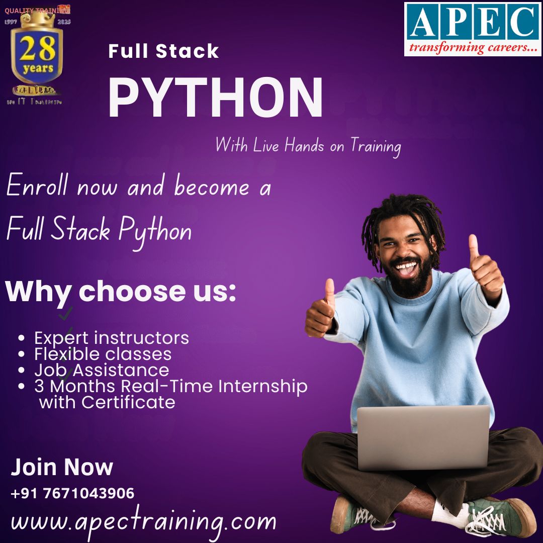 apecITtraining's tweet image. 🚀 Become a Full Stack Python Developer!
Hands-on training, flexible timings, job support &amp;amp; 3-month internship.

📞 7671043906 | 🌐 apectraining.com

Register Now: t.ly/soH_l

#APECTraining #PythonFullStack #CareerGrowth #JobReadySkills #LearnPython #ITCareers