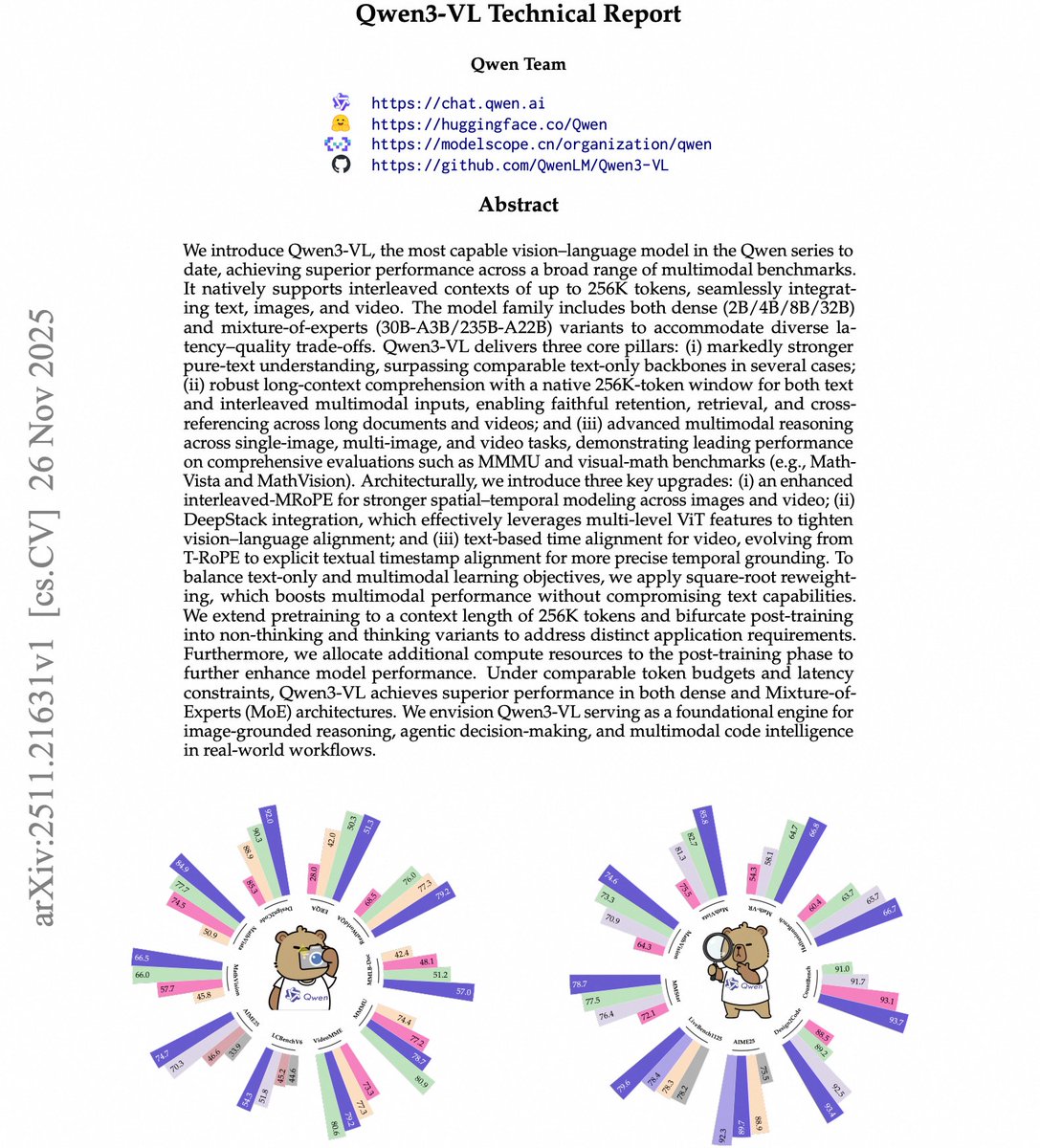 ModelScope2022's tweet image. 🚀 🚀 Qwen3-VL Tech Report is now publicly available!!

📄 Paper:  modelscope.cn/papers/2511.21…

From pretraining to post-training, architecture to infrastructure, data curation to evaluation — Qwen team documented the full journey to empower open-source builders working on…