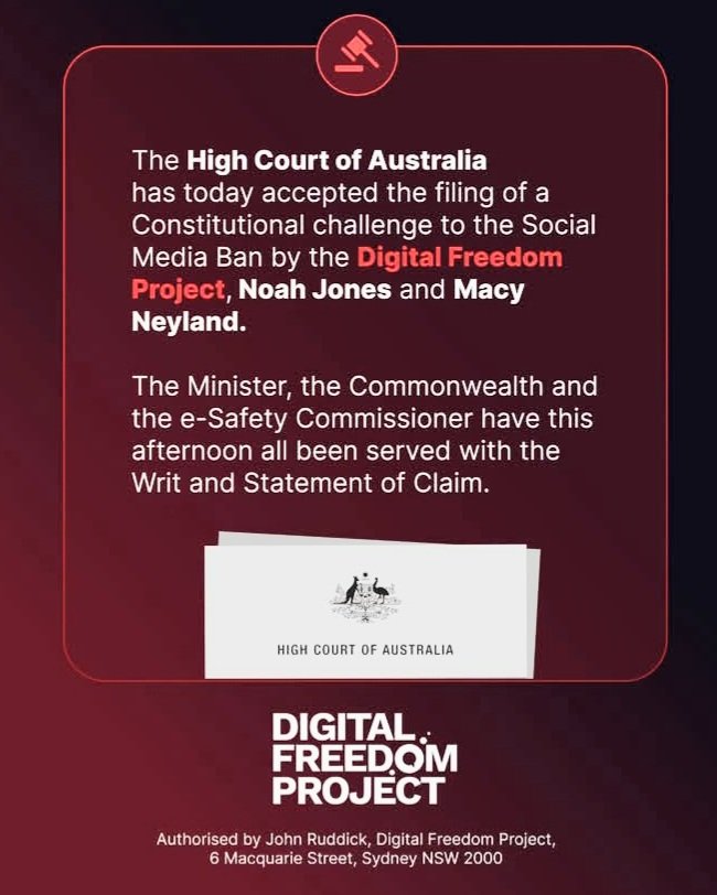 📢 PSA: The High Court of Australia has today accepted the filing of a constitutional challenge to the proposed Social Media Ban, brought by the Digital Freedom Project alongside applicants Noah Jones and Macy Neyland.

The Minister, the Commonwealth and the eSafety Commissioner