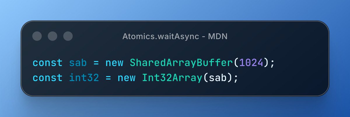 MozDevNet's tweet image. Need cross-thread synchronization without freezing the main thread? 🥶

Atomics.waitAsync() returns immediately and resolves when another thread calls Atomics.notify().

Perfect for coordinating workers with SharedArrayBuffer.

Learn more 👇
developer.mozilla.org/en-US/docs/Web…