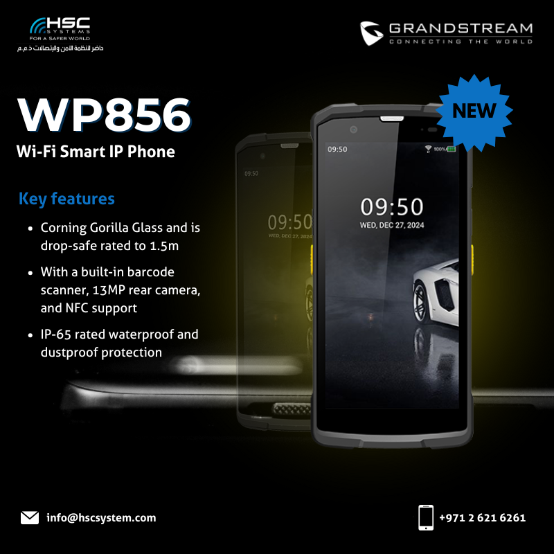 HSCSystem's tweet image. Power meets performance. The Grandstream WP856 combines Wi-Fi 6 speed, Android 13, and all-day power for next-gen business communication.

#HSCS 
#forasaferworld #uae #abudhabi #dubai #digitaltransformation
#Grandstream #WP856  #SmartIPPhone
#ملتزمون_ياوطن
#نتصدر_المشهد