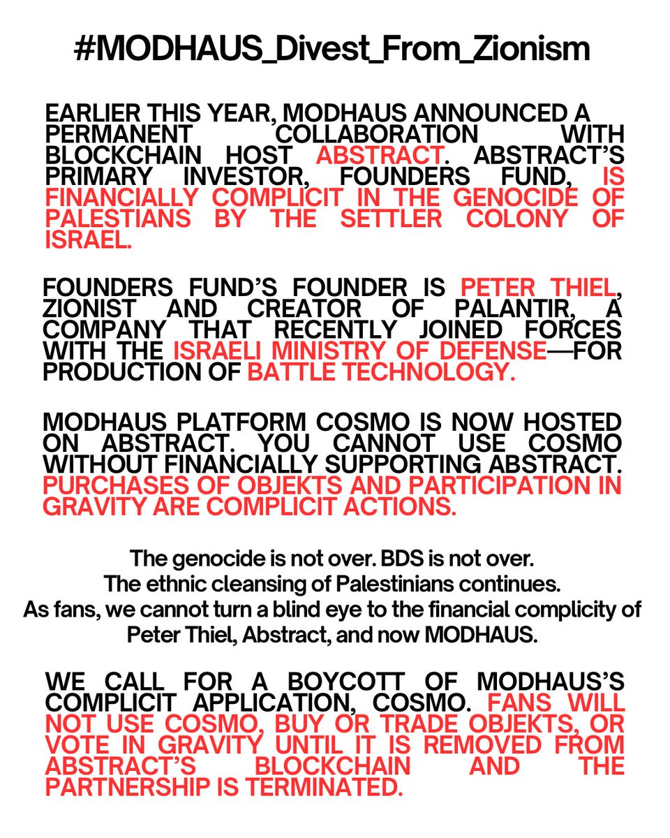 secrctplaylist's tweet image. #MODHAUS_Divest_From_Zionism 🇵🇸

MODHAUS overworks their idols, and makes them shill for companies like Abstract — whose lead investor is funding the Palestinian genocide. 

We are calling on cross-fandom participation and solidarity for a CONCENTRATED BOYCOTT OF COSMO.
