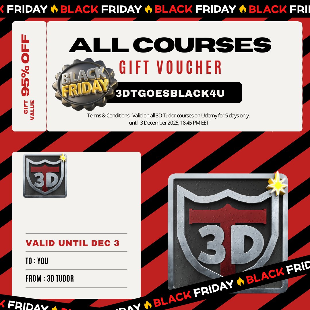 ThreeDTudor's tweet image. UDEMY Black Friday Sale (28 Nov–3 Dec)! ⚡
All 3DT courses $9.99
🎮 Code: 3DTGOESBLACK4U
👉 udemy.com/user/neil-bett…

#3D #Blender3D #UE5 #3DModeling #GameDesign #Udemy #DigitalArt #3DTudor #BlenderCourse #Animation #GeometryNodes #CGI #Stylized #OnlineCourses #Sale #Kitbash