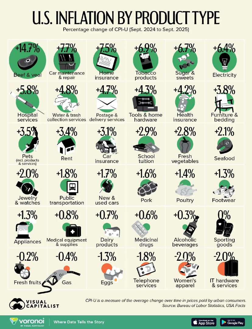 VisualCap's tweet image. Visualized: U.S. Inflation by Category in 2025 📉

voronoiapp.com/economy/US-Inf…