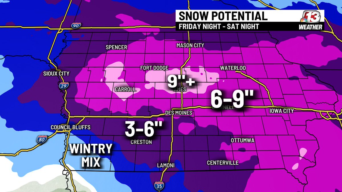 Our latest snowfall forecast- central and northern Iowa likely to see the most before ending Saturday night. Winter Storm Warning begin at 6 PM Friday, which is about when we are expecting the snow to start to accumulate in the Metro. Poor traveling into Saturday- be safe.