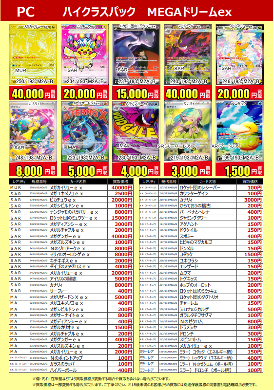 今日発売の #ポケカ 最新弾 ＃MEGAドリームex の現在の買取表です