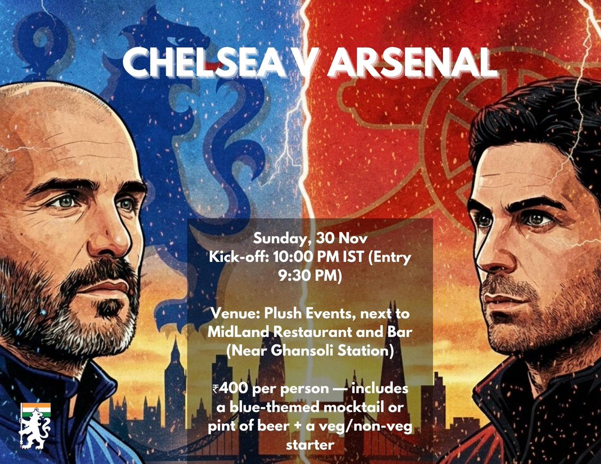 CISCNaviMumbai's tweet photo. JOINT SCREENING ALERT ⚠️📢

Chelsea vs Arsenal — bragging rights are on the line.

Limited spots — book your seat now 👇
https://t.co/DoKd67pIhA

#CFC #CHEARS #PL https://t.co/iUQoVUbv2I