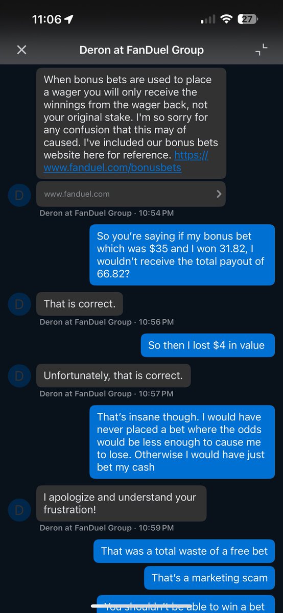 RhettDAlred's tweet photo. @FDSportsbook this is a complete scam. You all owe me a $35 bonus bet back. I have never won a bet and lost money until now. https://t.co/Pr4rl9fWxd