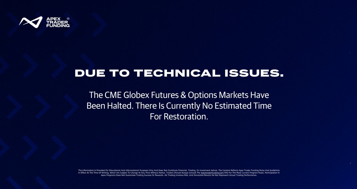 Due to technical issues, the CME Globex Futures &amp; Options markets have been halted. There is currently no estimated time for restoration.