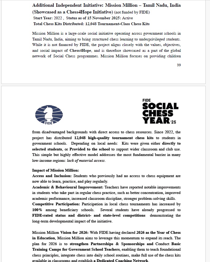 DASASindia's tweet photo. Announcing proudly that "Mission Million" has taken its place in Annual Report of @FIDESocialChess 

Thanks to @prabithaUrwyler for her efforts. https://t.co/QZKpcgnK8c