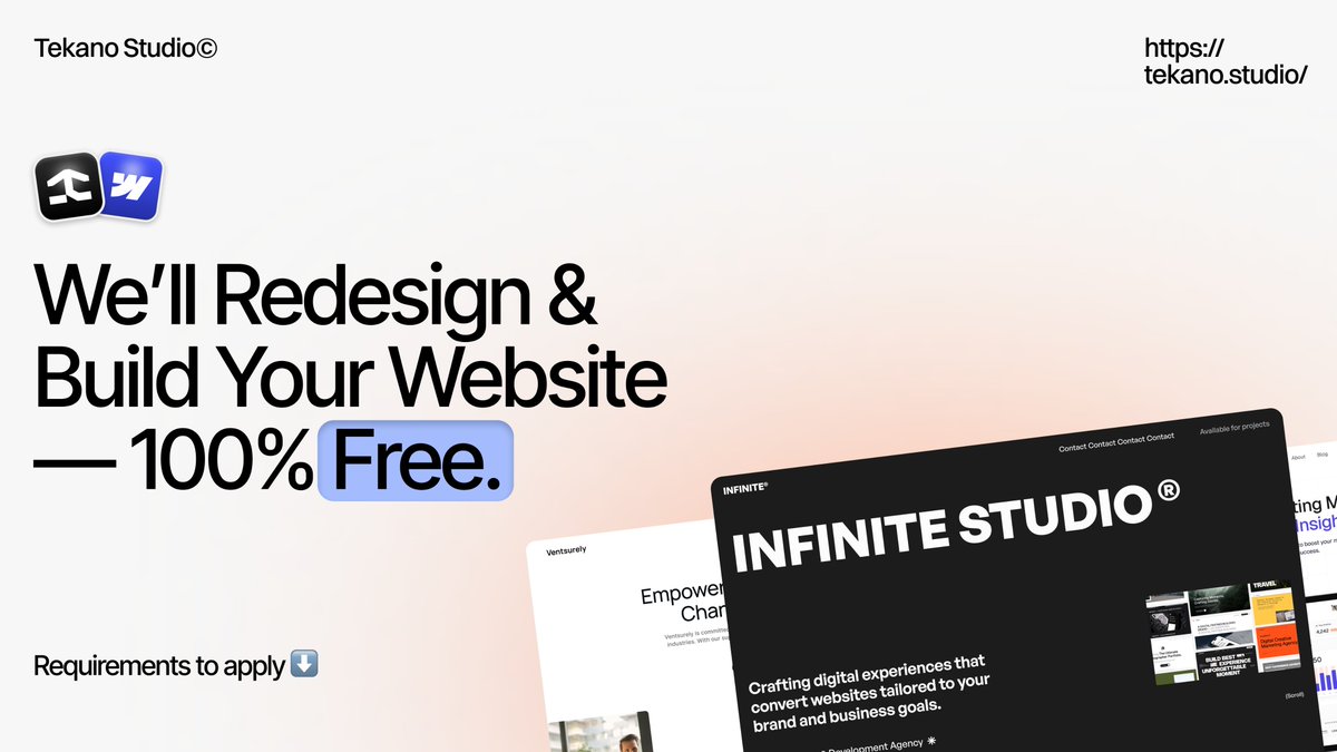 tekanostudio's tweet photo. 🛑 Stop scrolling — we’re giving 1 startup / small business a FREE Webflow redesign + build.

Yes, fully free. One winner only. 👀 https://t.co/dxIHruGwvG