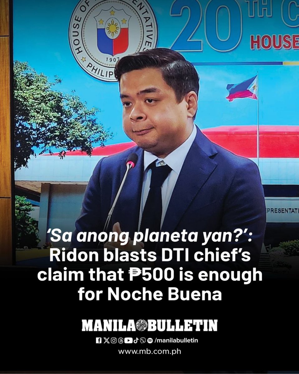 manilabulletin's tweet photo. Bicol Saro Party-list Rep. Terry Ridon mocked the Department of Trade and Industry (DTI) on Friday, Nov. 28 for asserting that ₱500 was ample budget for a Filipino Noche Buena meal.

READ: https://t.co/w3vTV9e07G https://t.co/EzJkGTm3IS
