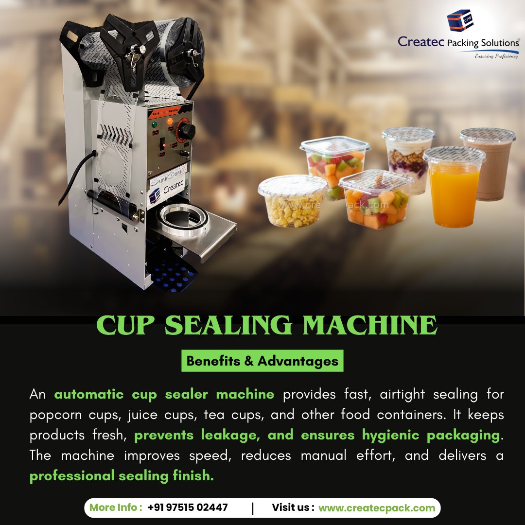 CreatecPacking's tweet image. Cup Sealing Machine — Specially for Popcorn, Juice, Milkshakes &amp;amp; More!

+91 97515 02447 | +91 99942 07197  

#CupSealingMachine #JuiceSealer #MilkshakeSealing #PopcornCupSealer #BeveragePackaging #FoodPackagingMachine #MakeInIndia  #FMCGPackaging #IndustrialMachinery