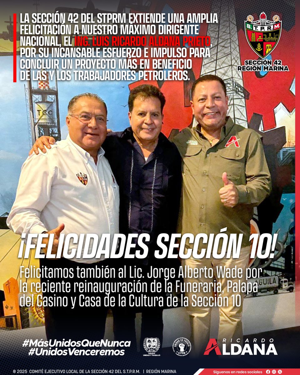 Seccion42_STPRM's tweet image. Con gran orgullo extendemos nuestra más sincera felicitación al Ing. Ricardo Aldana, líder visionario cuyo compromiso y respaldo hicieron posible la remodelación y reinauguración de espacios tan significativos para la comunidad petrolera de Minatitlán: la Funeraria, la Palapa del…
