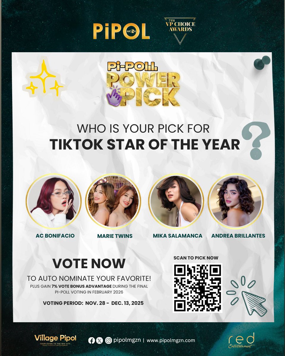 vpchoiceawards's tweet image. PIPOL! As we get closer to the #7thVPChoiceAwards, the Pi-PoLL Voting for the final batches of POWER PICK is NOW OPEN! 

Use YOUR POWER to PICK the nominee who deserves the official nomination for
✨🏆 Tiktok Star of the Year!

Meet your POWER PICK choices:
✨ #ACBonifacio 
✨…
